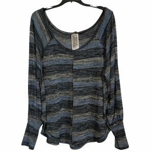 Free People Blue Gray Black Blouse Scoop Neck Long Raglan Sleeves Size M